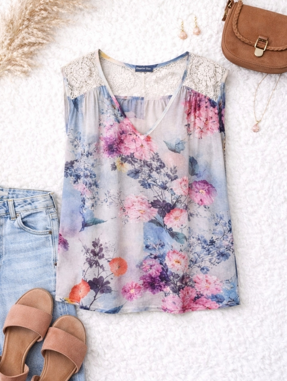 Daniel Rainn Floral Lace-Shoulder V-Neck Camisole in Pastel Blue and Pink 22ptp